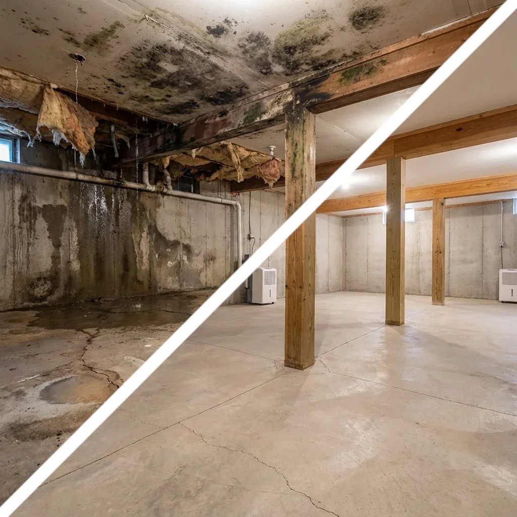 Before-and-after of water damaged cleanup by Penobscot Cleaning Services in Lincoln, ME, showing mold, water, and peeling sheetrock ceiling of basement before and a clean and dry area after