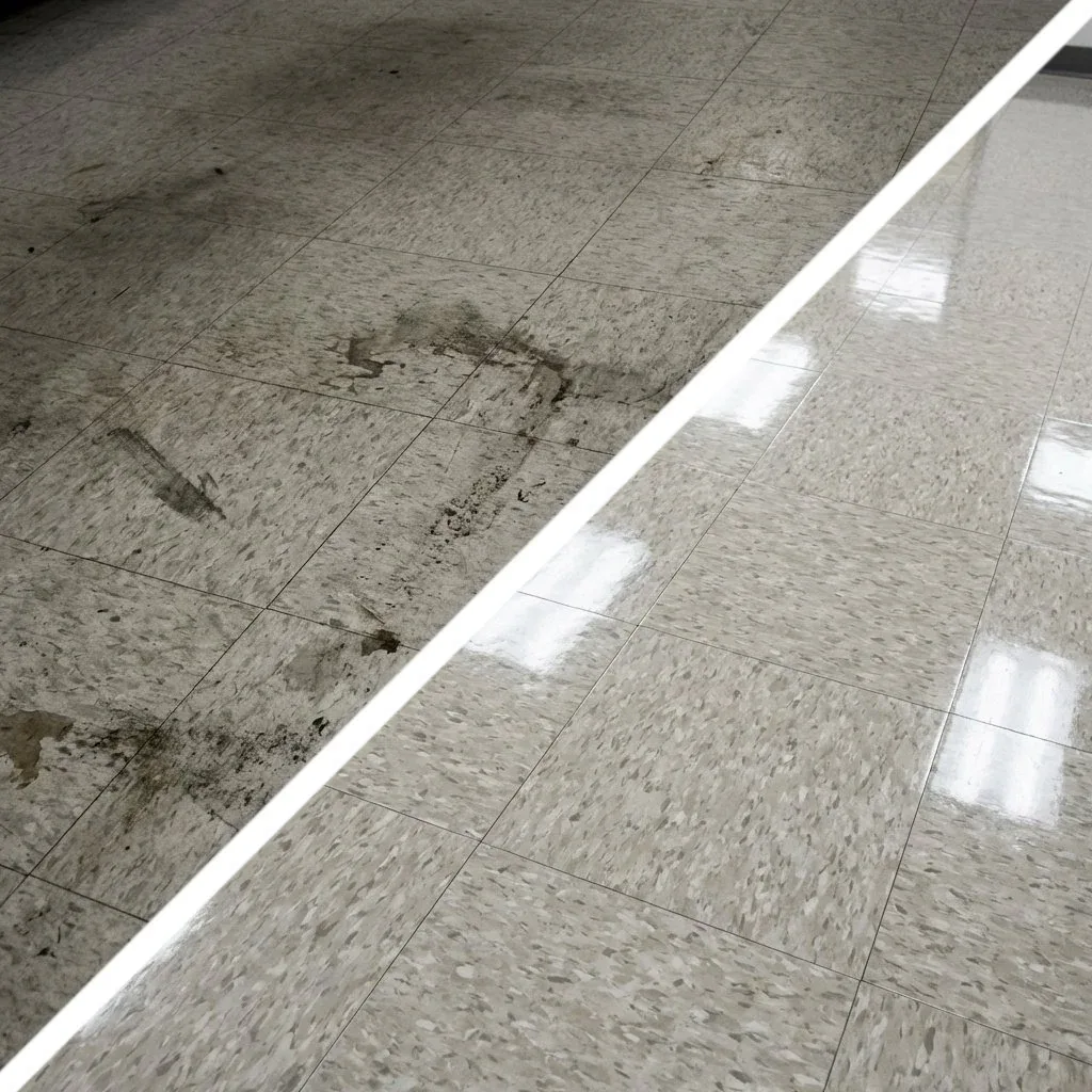 Filthy stained greasy commercial tile before, sparkling clean gray speckled tile after