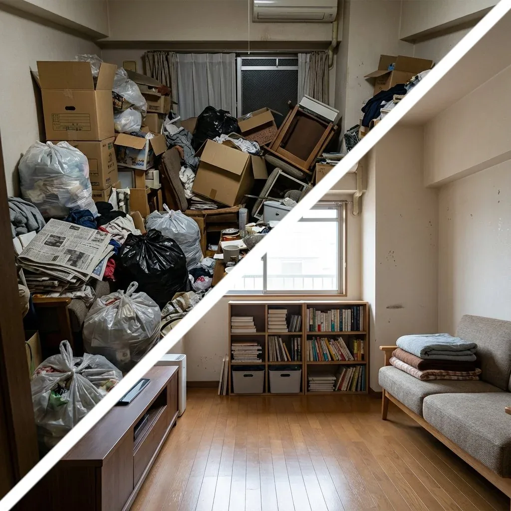 Before-and-after of hoarding cleanup by Penobscot Cleaning Services in Bangor, ME, showing garbage and biological waste piled high before and a disinfected clean room after
