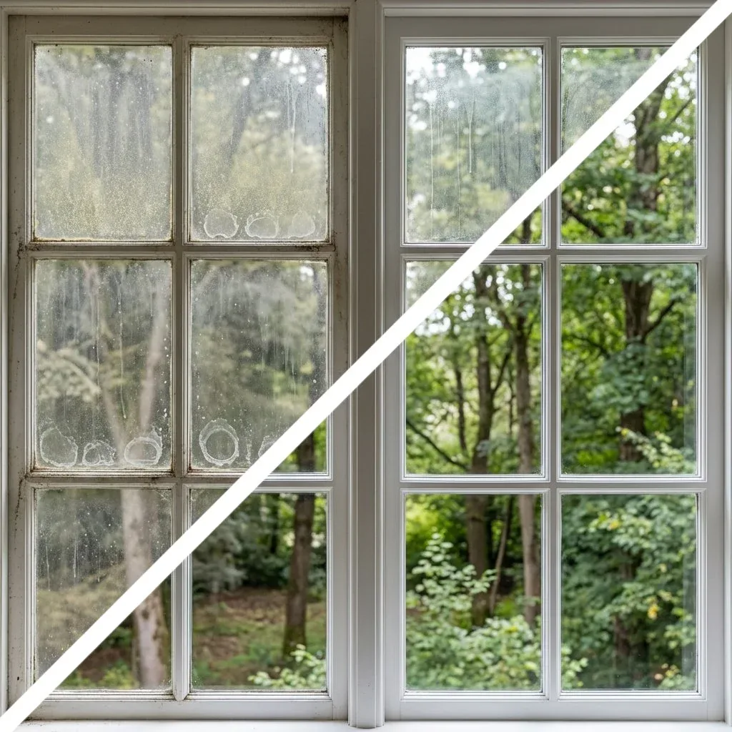 Spotted, dirty exterior window glass before cleaning, clear streak-free window after professional washing