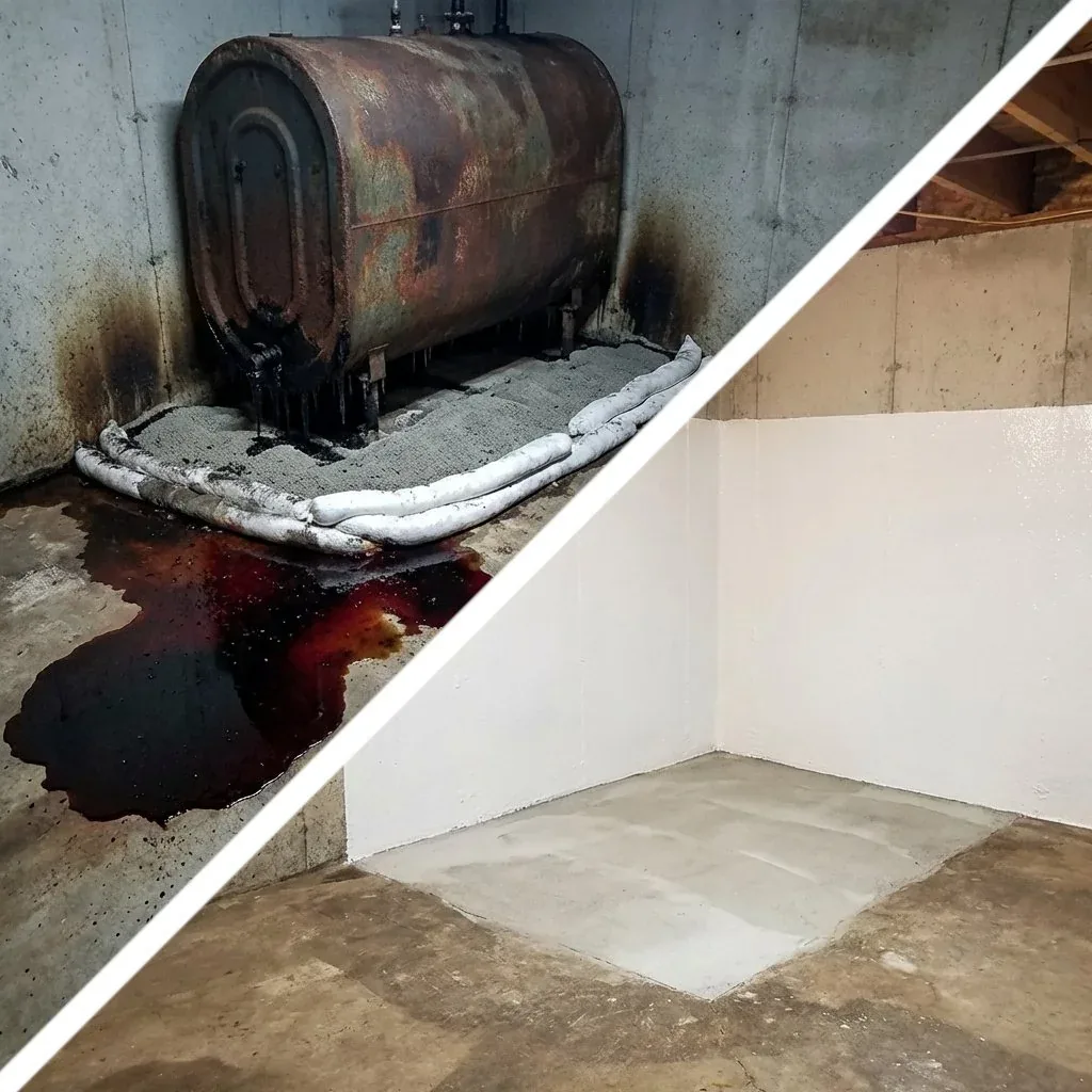 Old oil tank spilling in basement before, sanitized cleaned area with painted walls after
