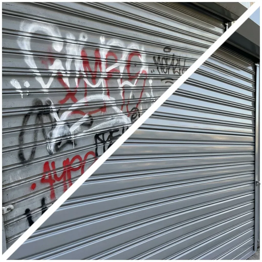 garage door with vandalism and graffiti before, cleaned door looks like new after